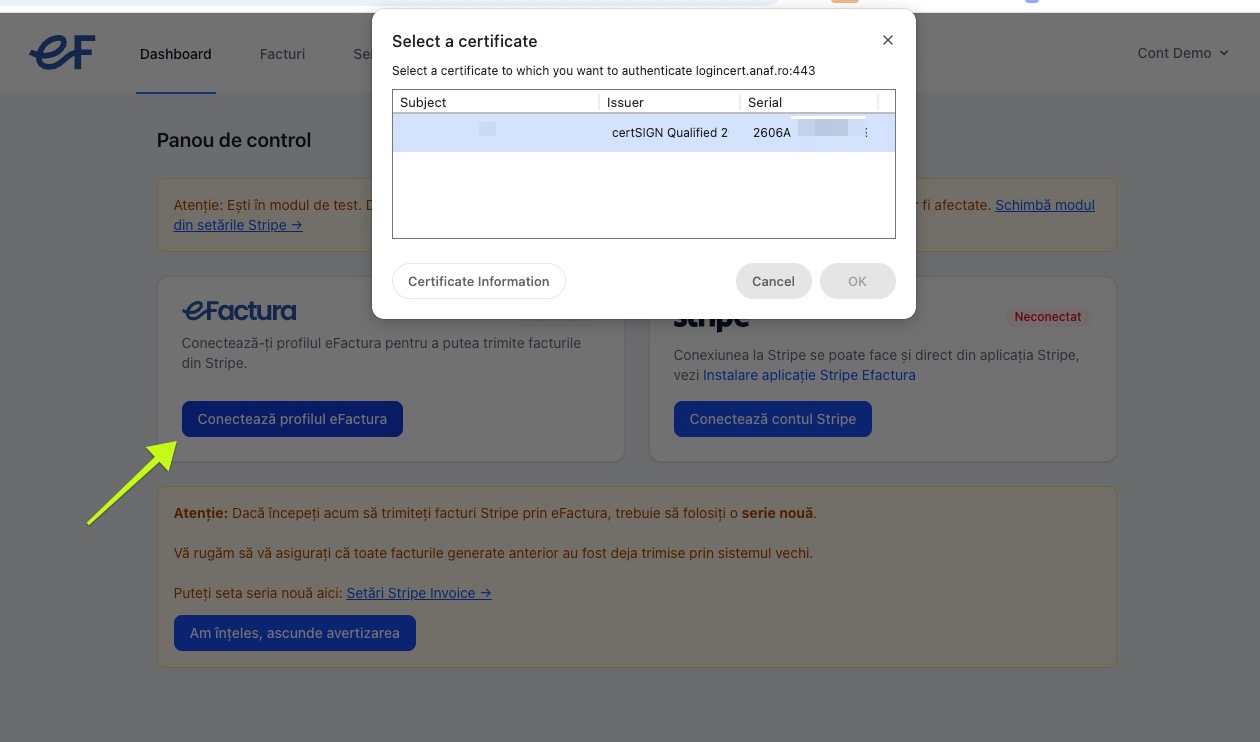 Fereastra Select a certificate apărută după click pe Conectează profilul eFactura, cu autentificarea către logincert.anaf.ro