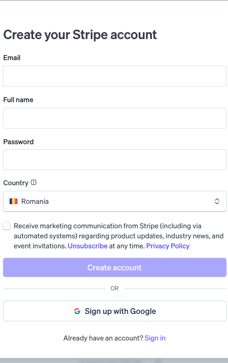 Pagina de înregistrare Stripe  -  email, parolă, țară (Romania), nume complet