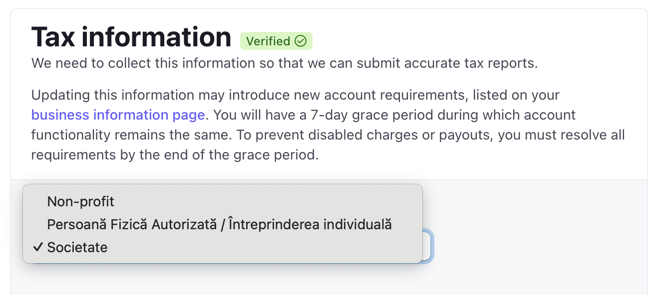 Dropdown Stripe pentru tipul de business: Non-profit, Persoană Fizică Autorizată / Întreprinderea individuală, Societate