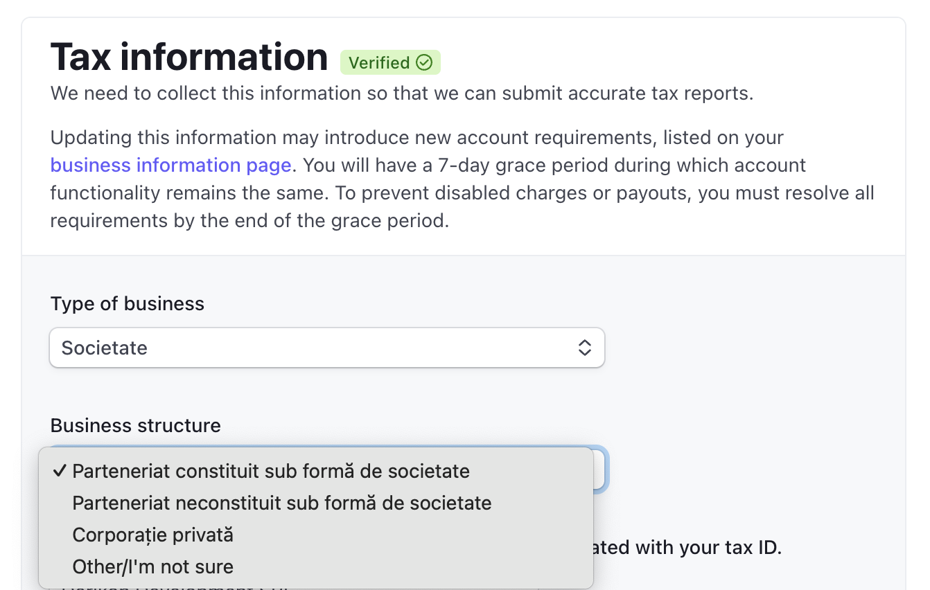 Dropdown Stripe pentru structura business-ului (apare după ce alegi Societate): Parteneriat constituit sub formă de societate, Parteneriat reconstituit sub formă de societate, Corporație privată, Other/I'm not sure