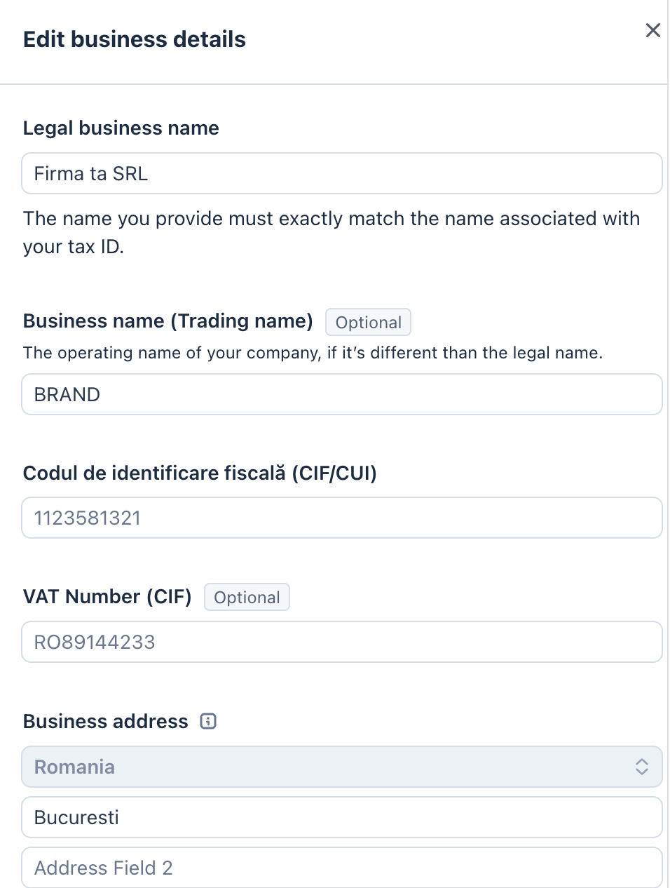 Formular Stripe Edit business details  -  Legal business name, Trading name, CIF/CUI, VAT Number (cu prefix RO), Business address