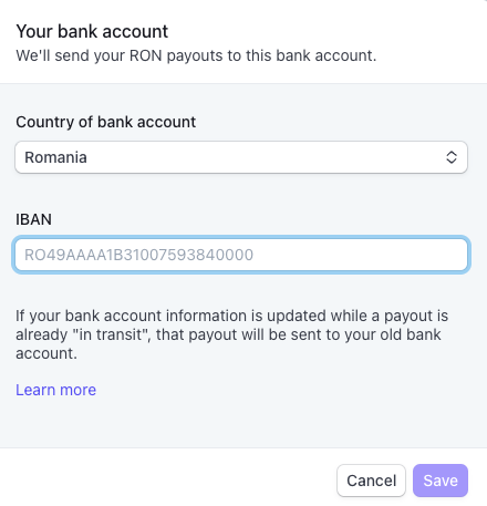 Formular Stripe Your bank account  -  Country of bank account România și câmp IBAN