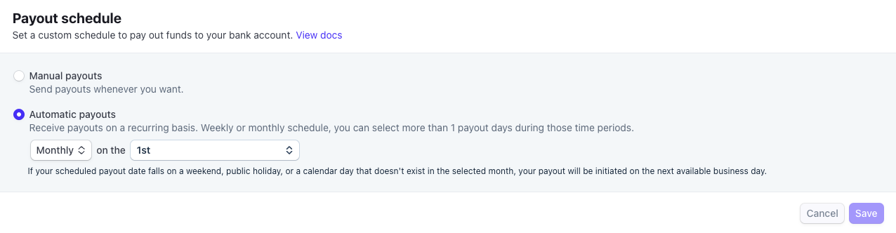 Formular Stripe Payout schedule  -  Manual payouts sau Automatic payouts, săptămânal ori lunar