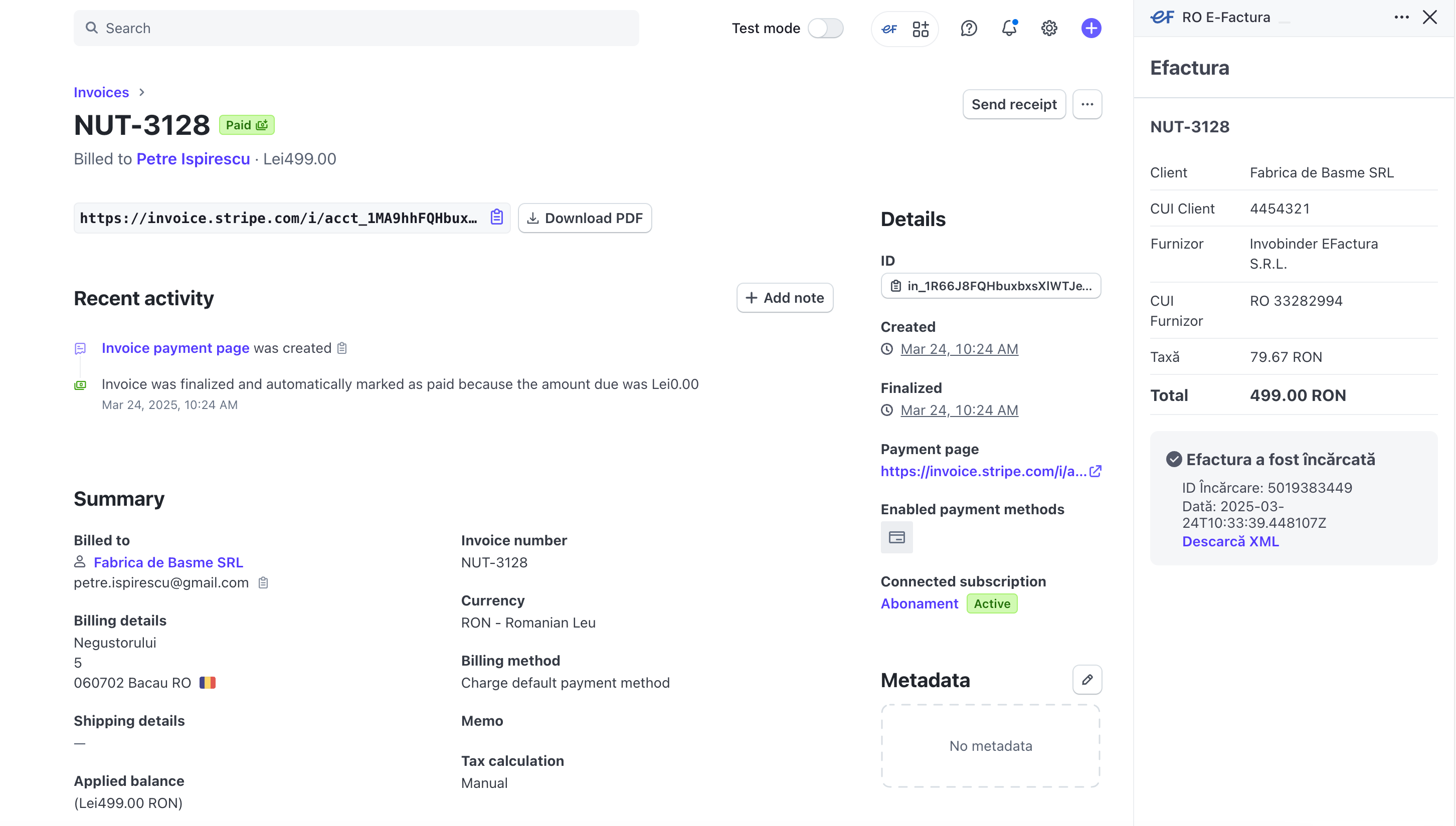 Stripe Dashboard cu factura plătită și panoul RO E-Factura deschis, arătând că factura a fost încărcată la ANAF cu opțiunea de a descărca XML-ul