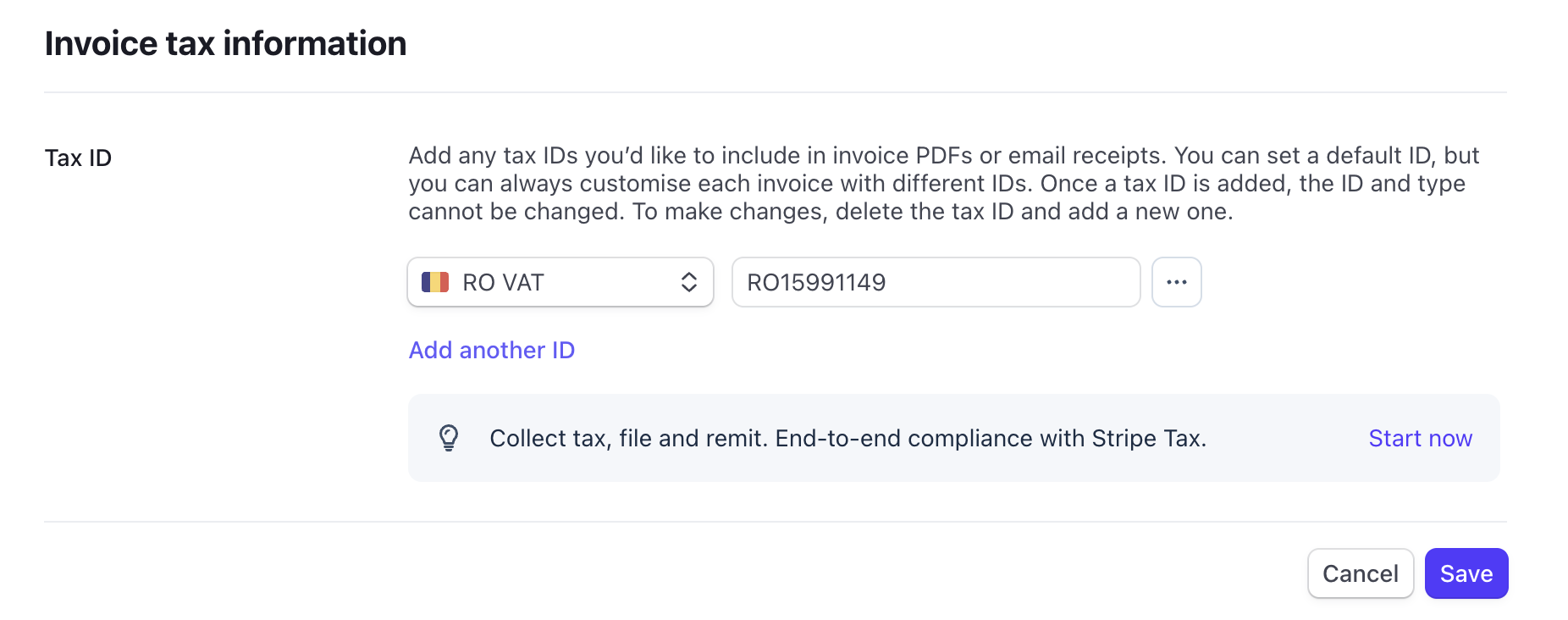 Ecranul Stripe Invoice tax information: adaugi un Tax ID (RO VAT sau RO TIN) care apare pe facturile emise