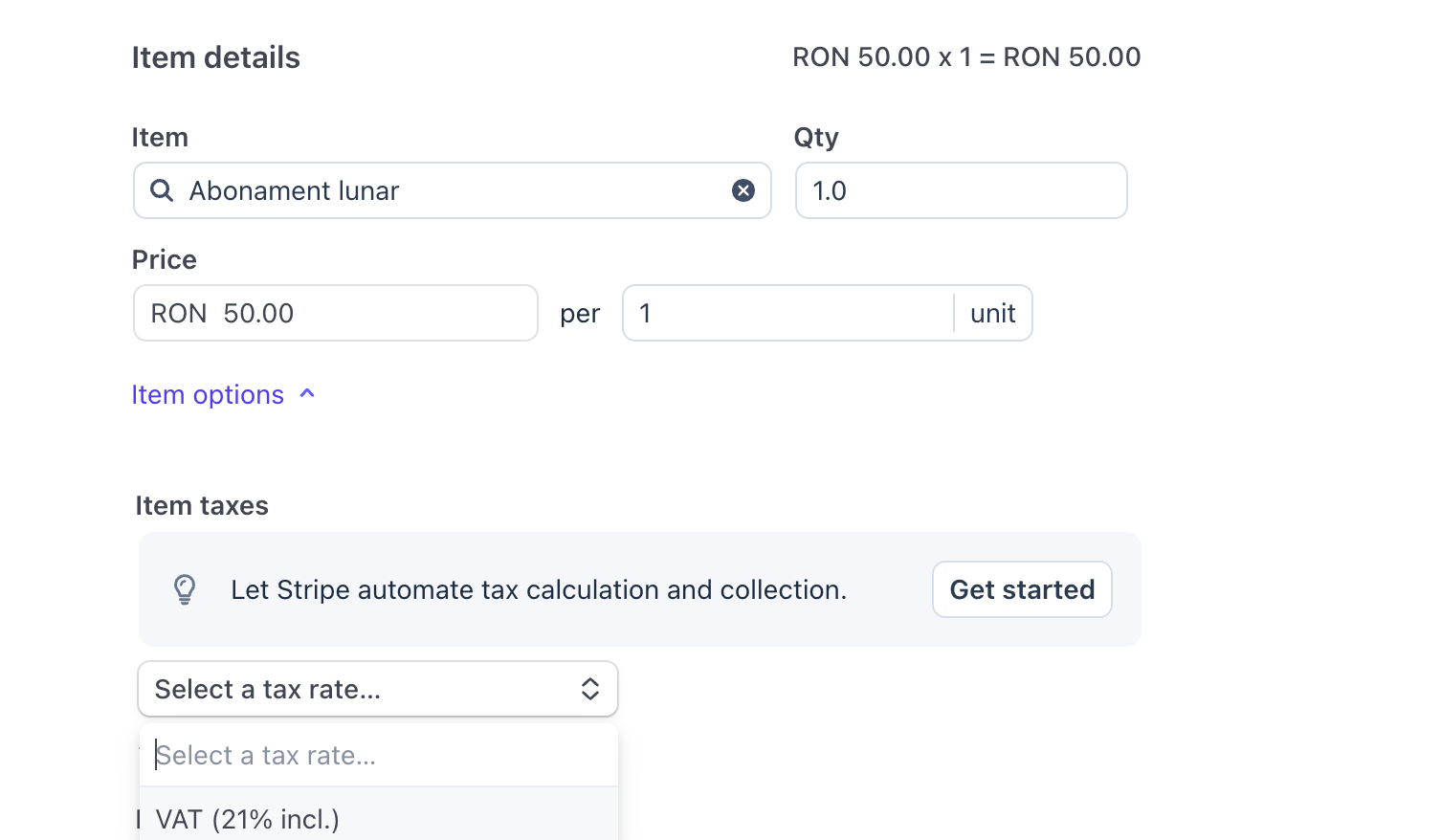 Pe o factură Stripe, la Item taxes selectezi cota VAT (21% incl.) din lista de tax rates