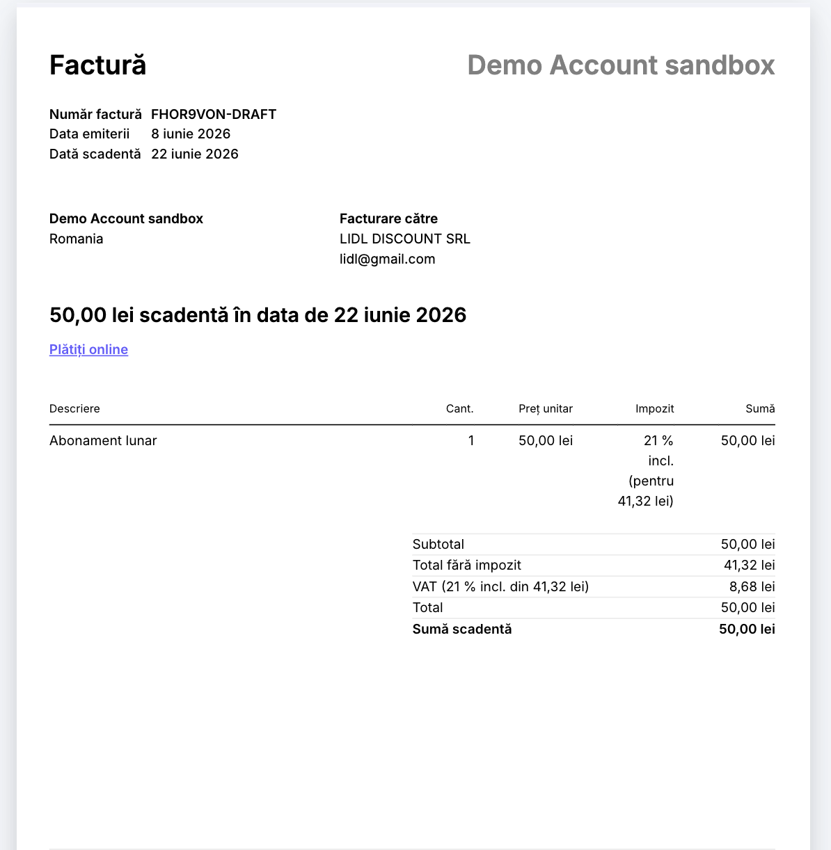 Factura Stripe rezultată, cu TVA 21% inclus și defalcarea bazei impozabile