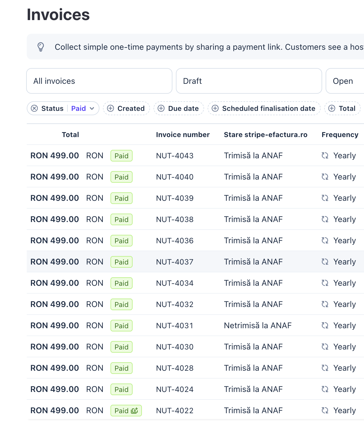Lista de invoice-uri din Stripe Dashboard cu coloana Stare stripe-efactura.ro: aproape toate Trimisă la ANAF, una marcată Netrimisă