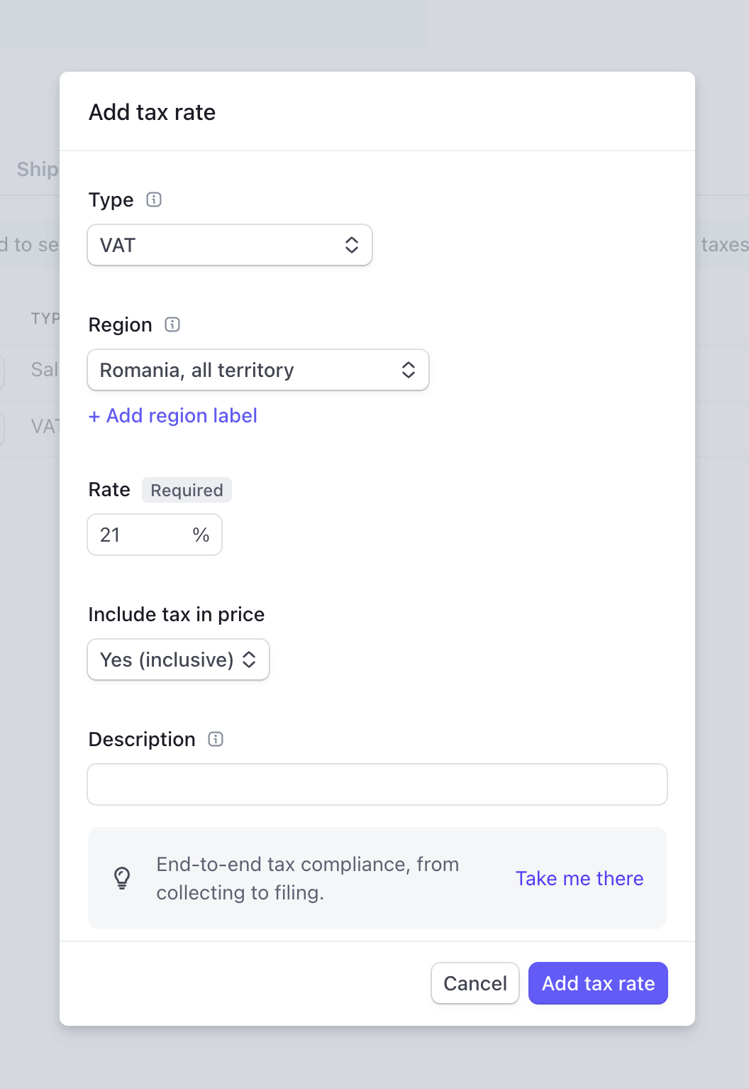 Formular adăugare taxă Stripe