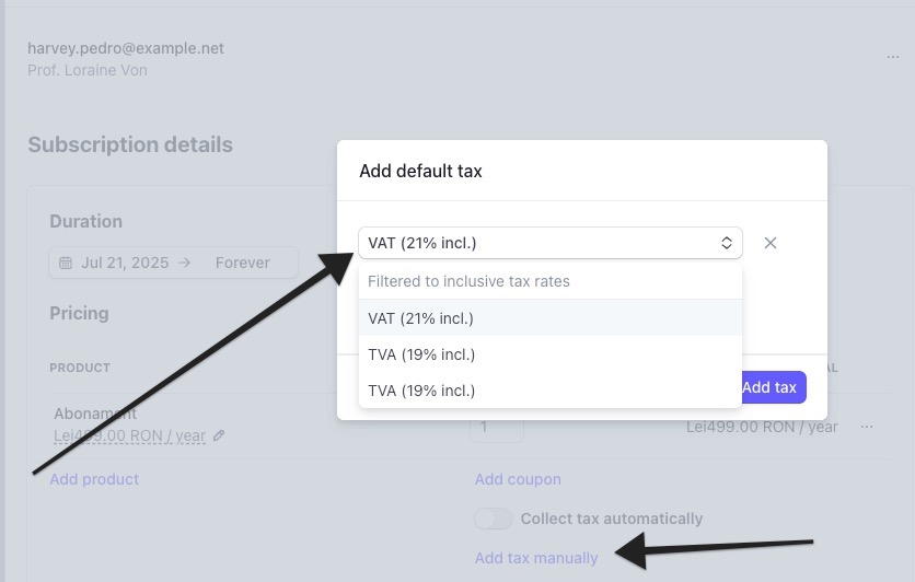 Selectare TVA 21% manual la abonament nou