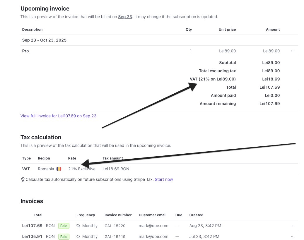 Formular adăugare taxă Stripe